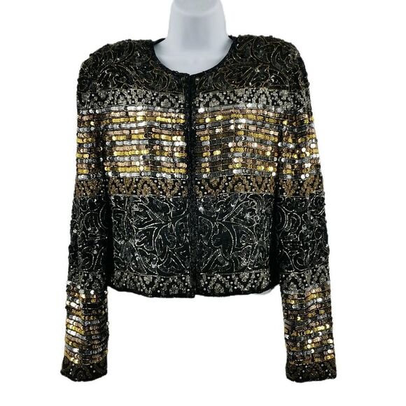Vintage Gold, Black & Silver Beaded Jacket | Cropped Sequin Trophy Jacket - Picture 1 of 3